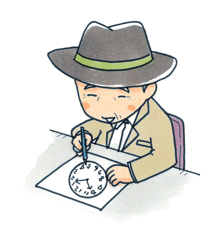 白い紙に時計の絵を描いているおじいさん